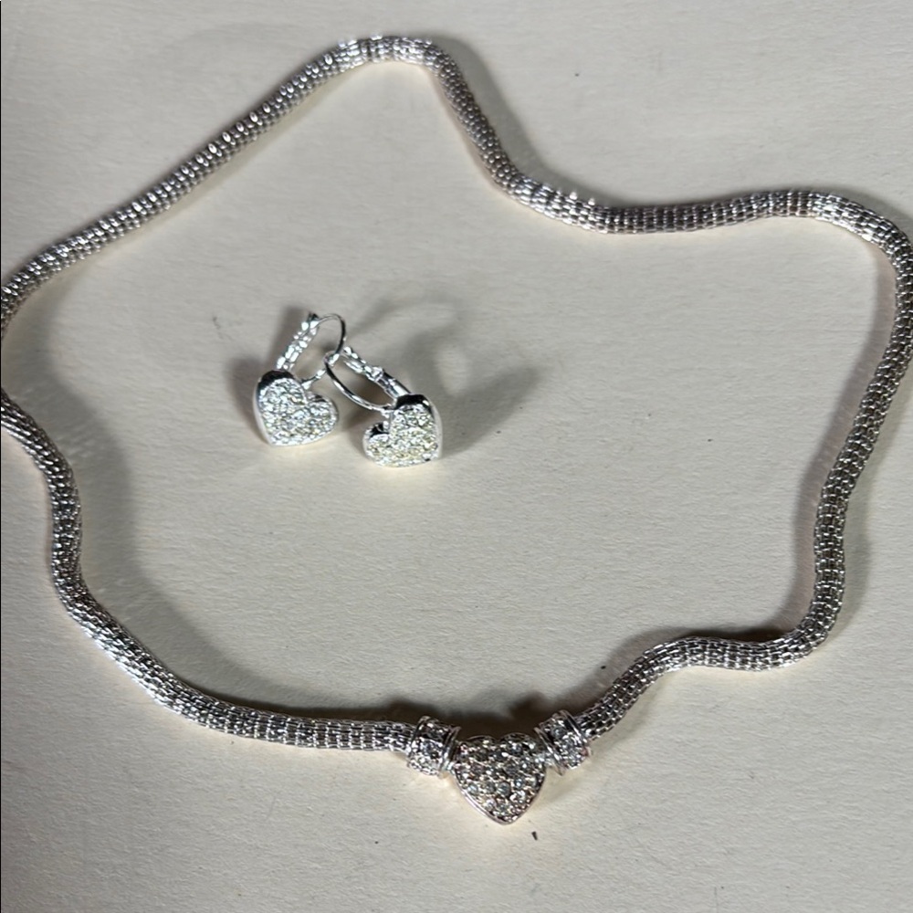 Silver Heart Necklace and Earrings Set